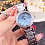 Omega Replica Watches - De Ville Ladymatic SS Blue MOP Dial Diamond Bezel Ladies Watch